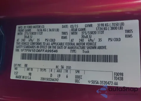 2015 Ford F-150 Platinum из США, поврежденный, VIN 1FTFW1EG6FFA99546